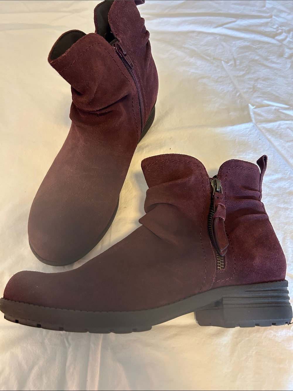 Suede Ruched Ankle Booties in Rich Burgundy